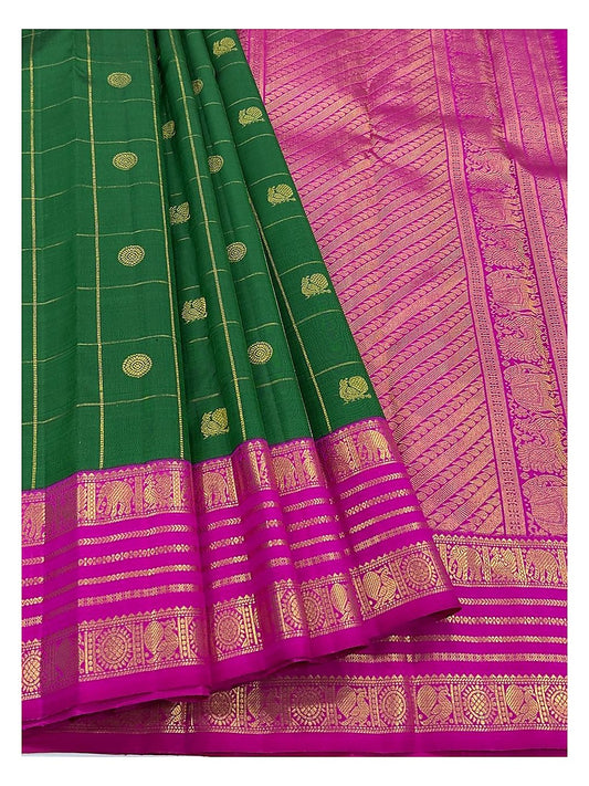 Emerald Green Handwoven Kanchipuram Silk Saree with Magenta Elephant Zari Border