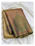 Gold Handwoven Kanchipuram Silk Saree with Olive Floral Brocade Pallu front view