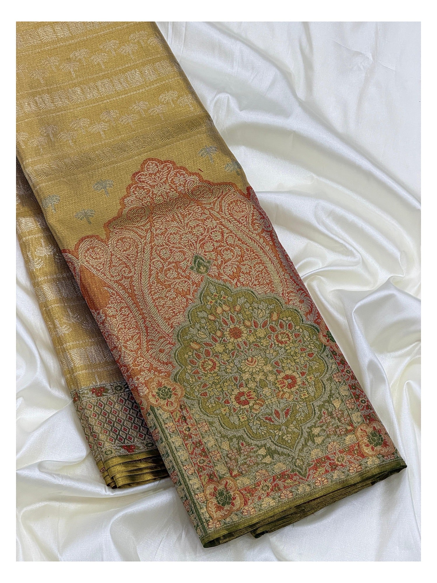 Gold Handwoven Kanchipuram Silk Saree with Olive Floral Brocade Pallu