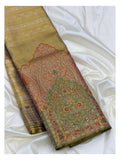 Gold Handwoven Kanchipuram Silk Saree with Olive Floral Brocade Pallu