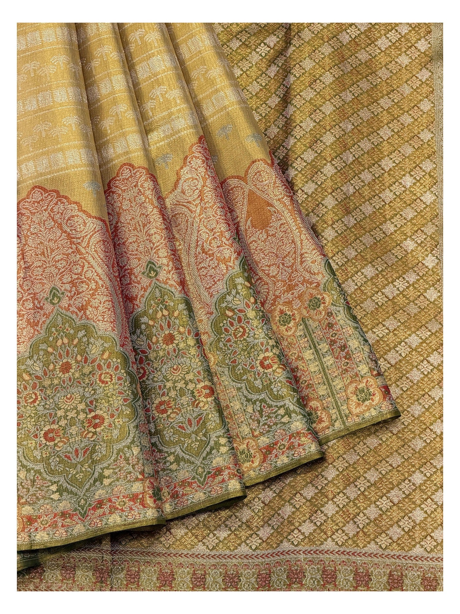 Gold Handwoven Kanchipuram Silk Saree with Olive Floral Brocade Pallu