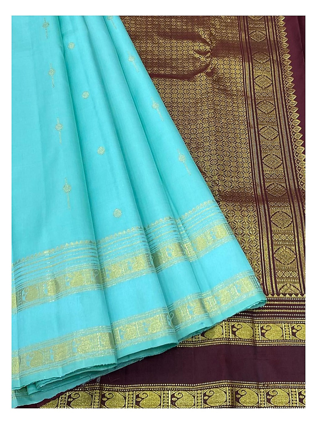 Handwoven Kanchipuram Silk Saree - Aqua Blue with Maroon Contrast Pallu