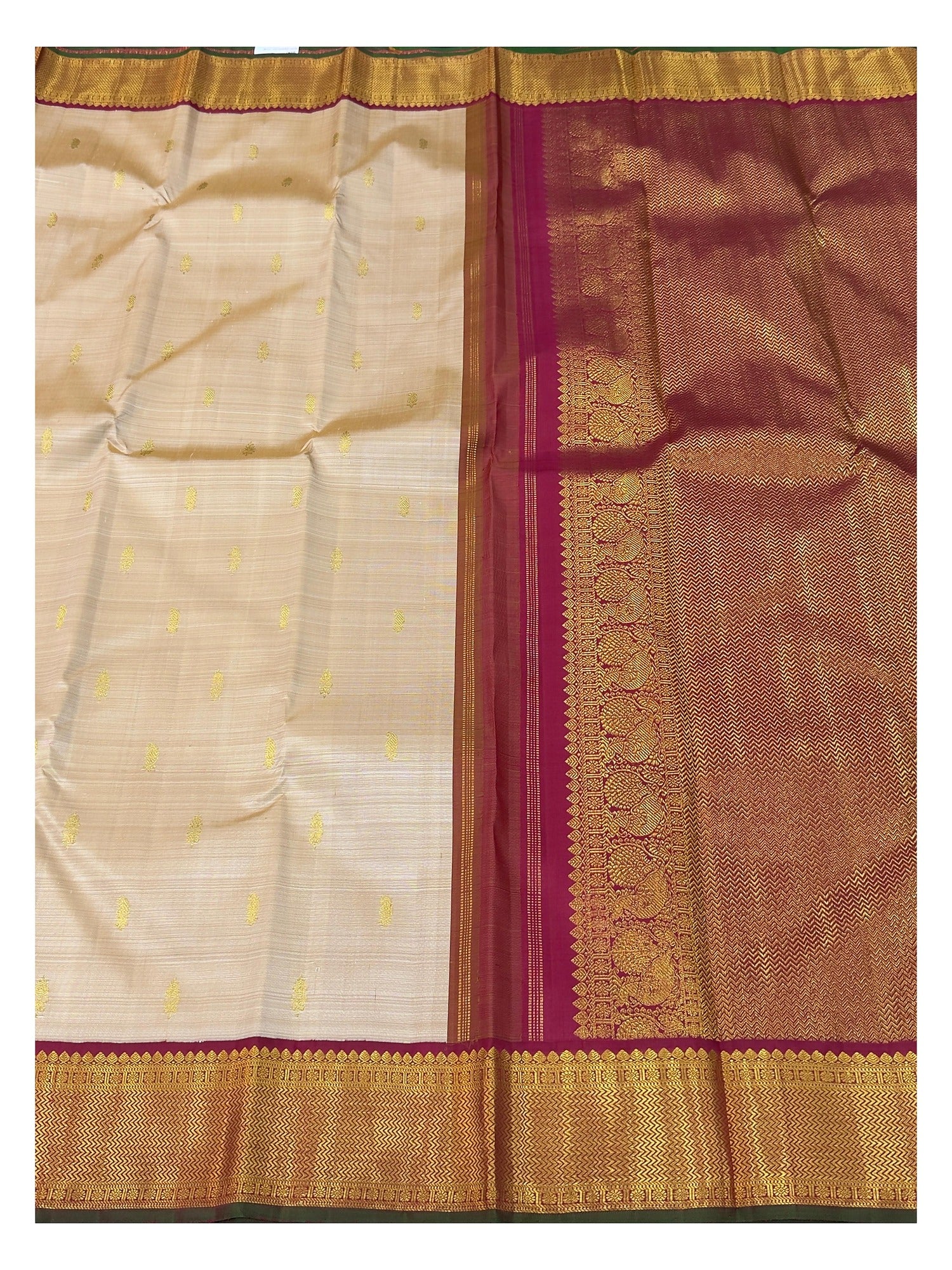 Handwoven Kanchipuram Silk Saree - Beige with Magenta Zari Border