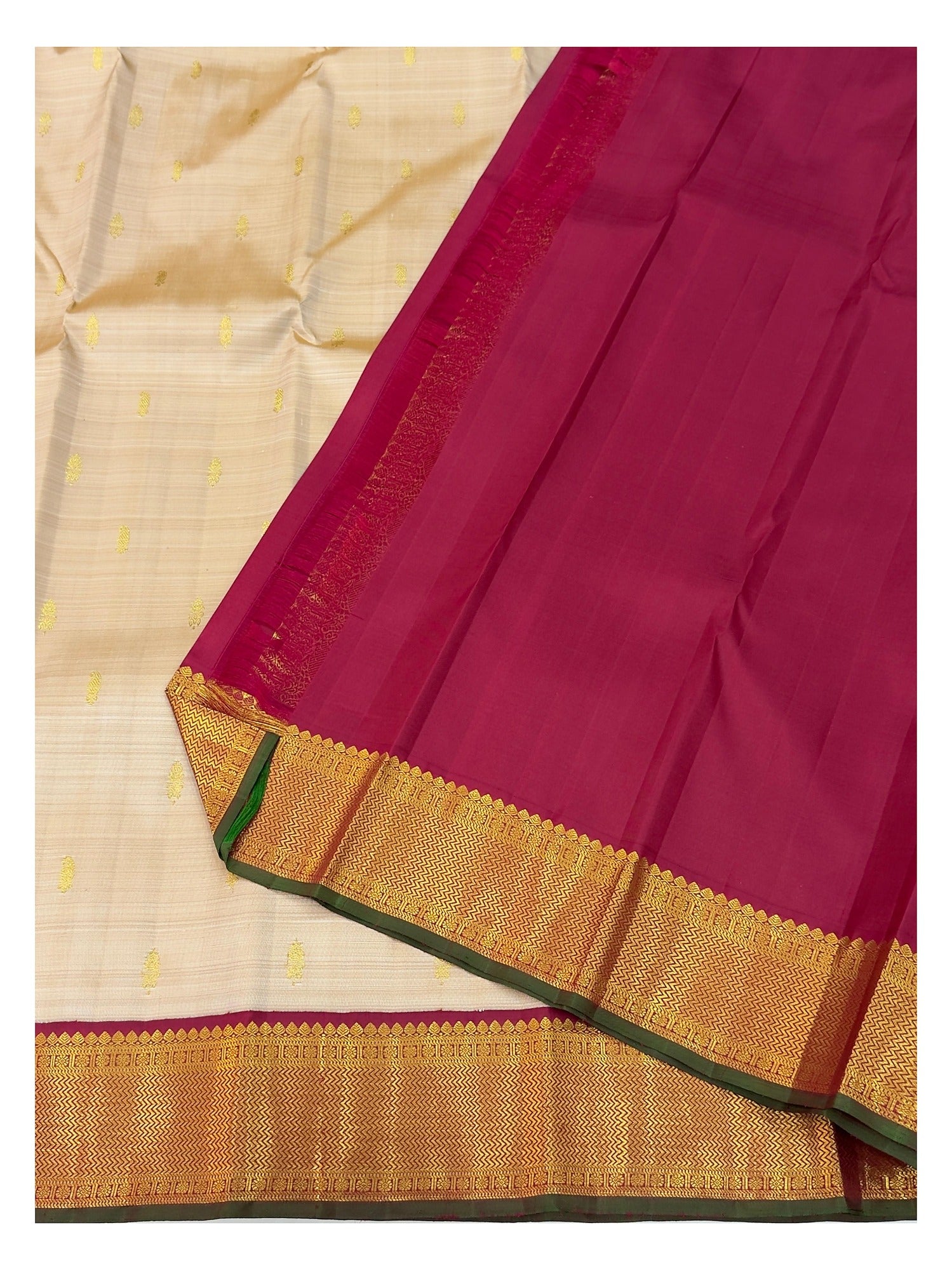 Handwoven Kanchipuram Silk Saree - Beige with Magenta Zari Border