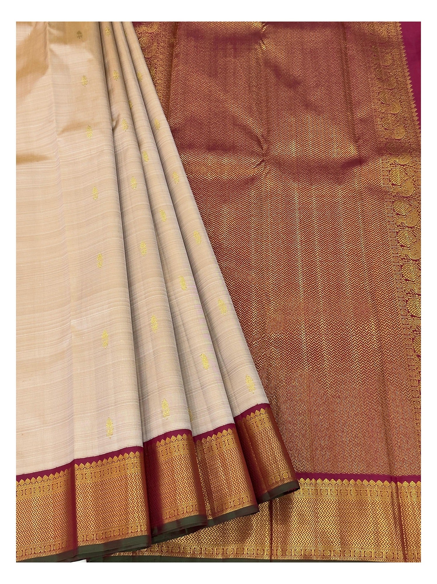Handwoven Kanchipuram Silk Saree - Beige with Magenta Zari Border