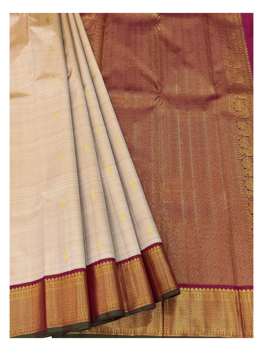Handwoven Kanchipuram Silk Saree - Beige with Magenta Zari Border