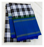 Handwoven Kanchipuram Silk Saree - Black & White Checks with Royal Blue Border front view