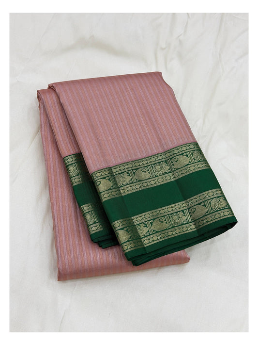 Handwoven Kanchipuram Silk Saree - Blush Pink with Emerald Green and Gold-Toned Peacock Border front view