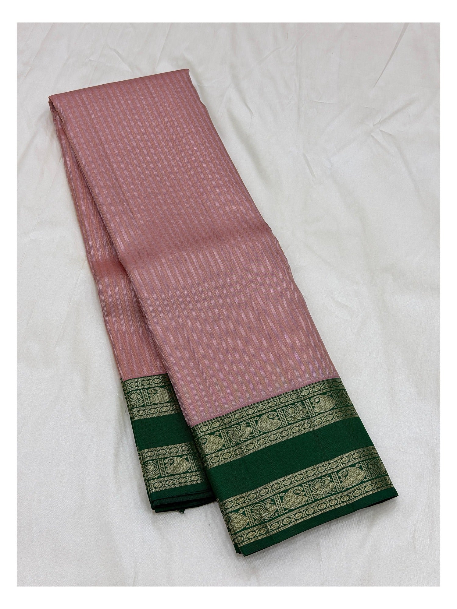Handwoven Kanchipuram Silk Saree - Blush Pink with Emerald Green and Gold-Toned Peacock Border