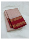 Handwoven Kanchipuram Silk Saree - Blush Pink with Red and Gold-Toned Peacock Border front view