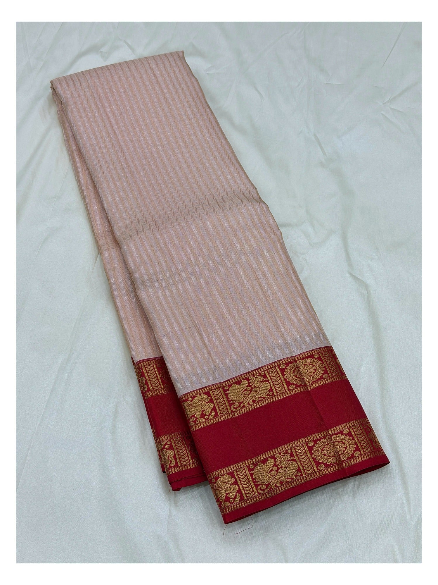 Handwoven Kanchipuram Silk Saree - Blush Pink with Red and Gold-Toned Peacock Border