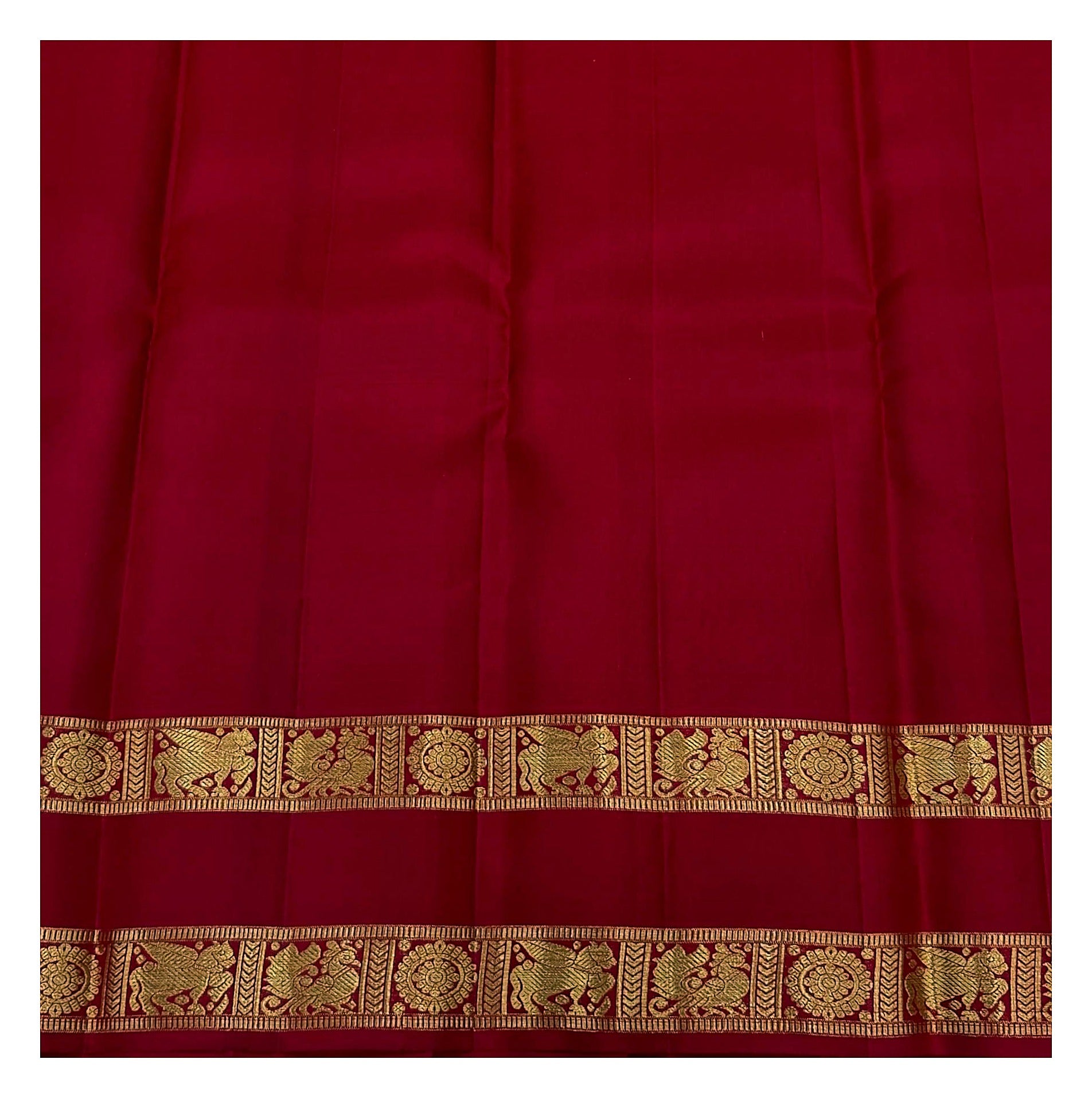 Handwoven Kanchipuram Silk Saree - Blush Pink with Red Peacock Border and Gold-Toned Pallu front view
