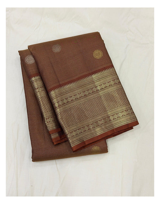 Handwoven Kanchipuram Silk Saree - Copper Brown with Dual-Tone Buttas front view
