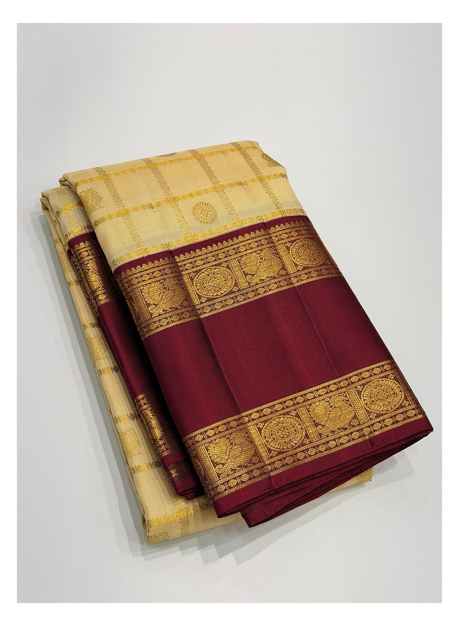 Handwoven Kanchipuram Silk Saree - Cream with Wine Border front view