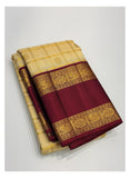 Handwoven Kanchipuram Silk Saree - Cream with Wine Border front view