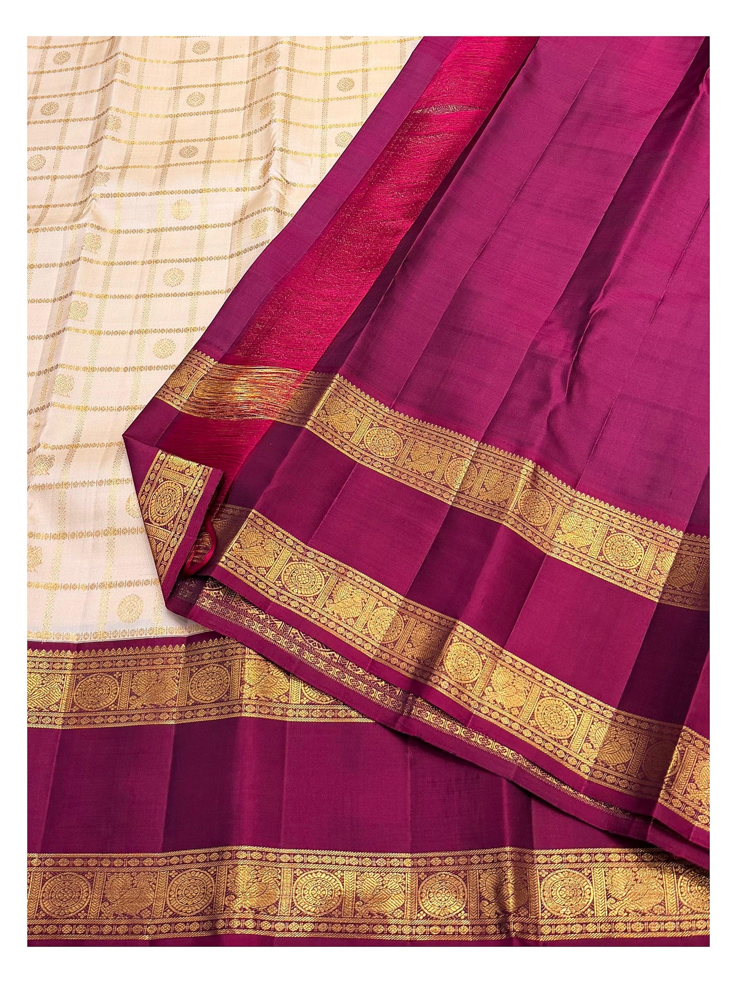 Handwoven Kanchipuram Silk Saree - Cream with Wine Border