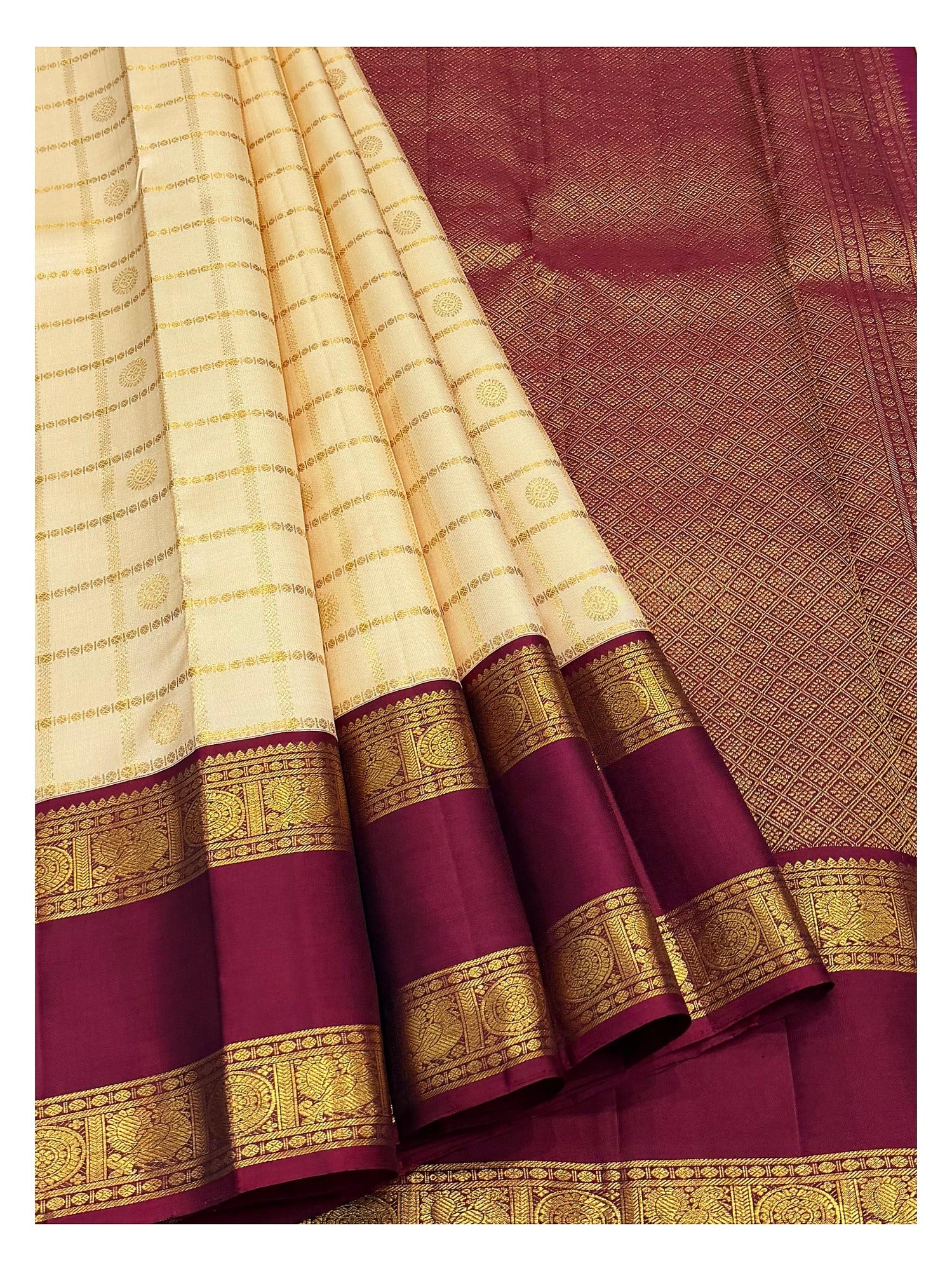Handwoven Kanchipuram Silk Saree - Cream with Wine Border