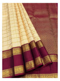 Handwoven Kanchipuram Silk Saree - Cream with Wine Border