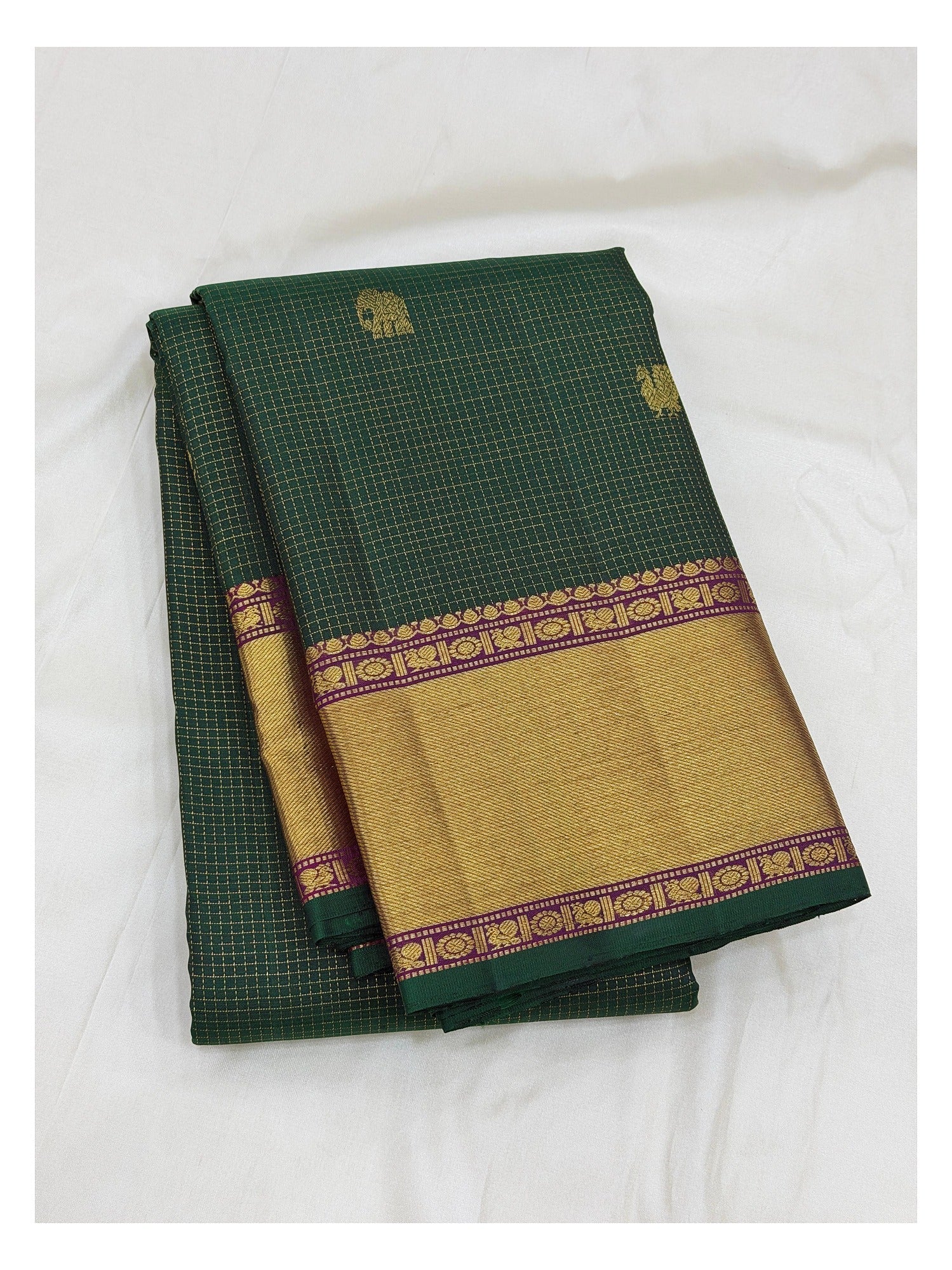 Handwoven Kanchipuram Silk Saree - Dark Green with Elephant Buttas and Magenta Pallu front view