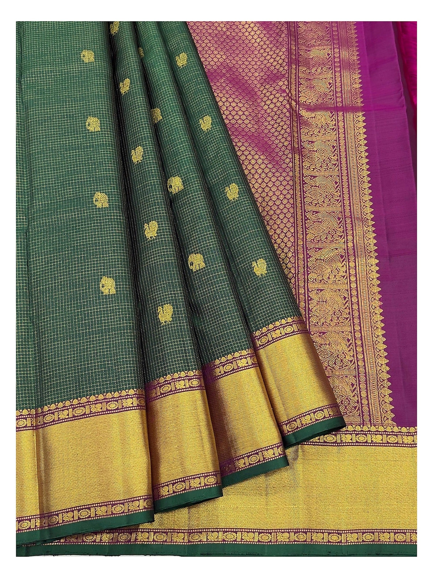 Handwoven Kanchipuram Silk Saree - Dark Green with Elephant Buttas, Gold Border and Magenta Pallu front view