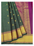 Handwoven Kanchipuram Silk Saree - Dark Green with Elephant Buttas, Gold Border and Magenta Pallu front view