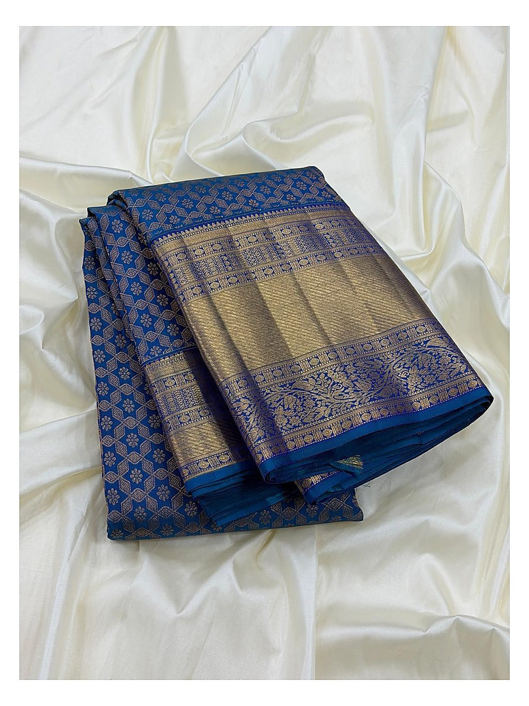 Handwoven Kanchipuram Silk Saree - Deep Blue with Gold-Toned Border