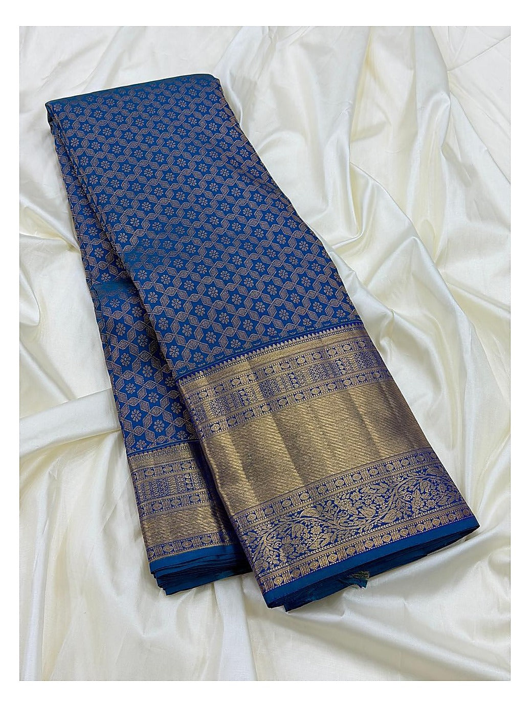 Handwoven Kanchipuram Silk Saree - Deep Blue with Gold-Toned Border