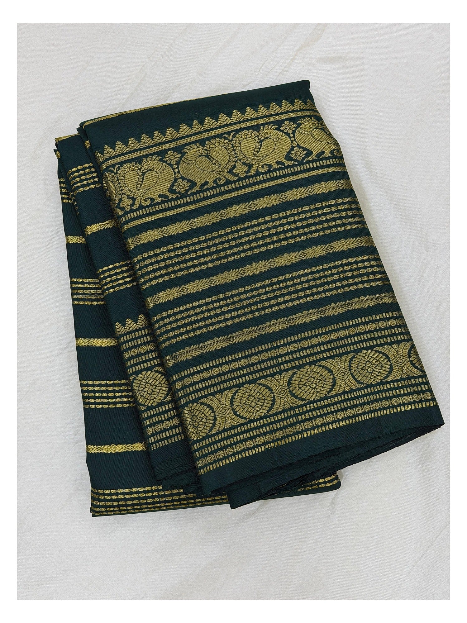 Handwoven Kanchipuram Silk Saree - Deep Green front view