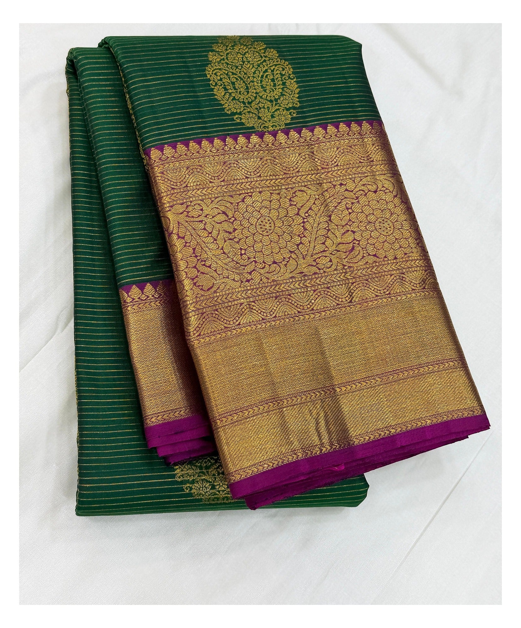 Handwoven Kanchipuram Silk Saree - Deep Green with Magenta Contrast front view