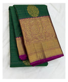 Handwoven Kanchipuram Silk Saree - Deep Green with Magenta Contrast front view