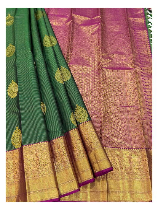Handwoven Kanchipuram Silk Saree - Deep Green with Magenta Contrast