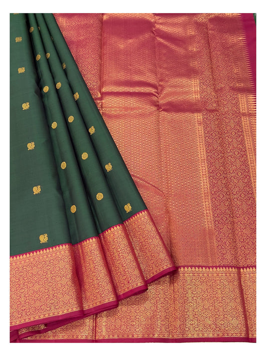 Handwoven Kanchipuram Silk Saree - Deep Green with Magenta Contrast Zari Border
