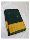 Handwoven Kanchipuram Silk Saree - Deep Green with Mustard Gold Contrast Pallu front view