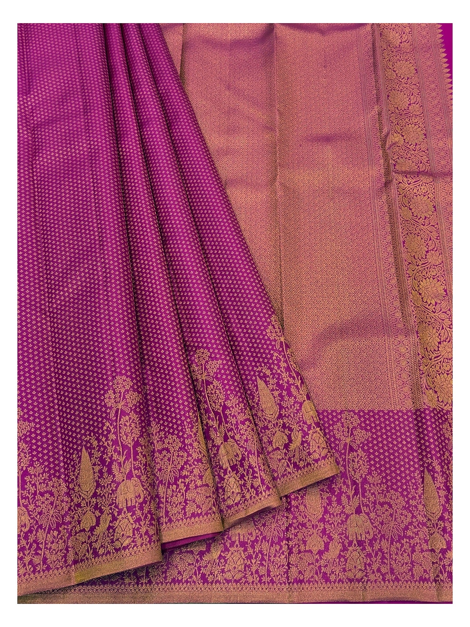 Handwoven Kanchipuram Silk Saree - Deep Pink with Elephant Border front view