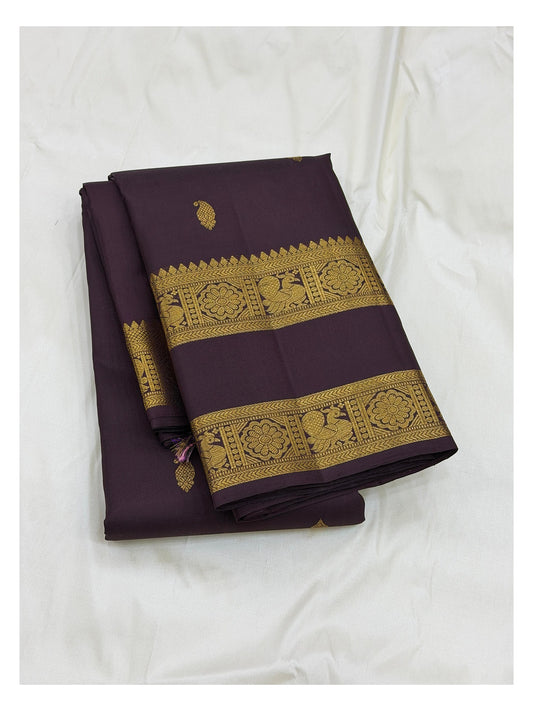 Handwoven Kanchipuram Silk Saree - Deep Plum with Gold-Toned Buttas, Peacock Border and Lattice Pallu front view