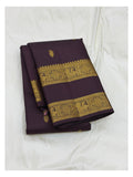 Handwoven Kanchipuram Silk Saree - Deep Plum with Gold-Toned Buttas, Peacock Border and Lattice Pallu front view