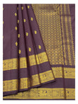 Handwoven Kanchipuram Silk Saree - Deep Plum with Gold-Toned Buttas, Peacock Border and Lattice Pallu