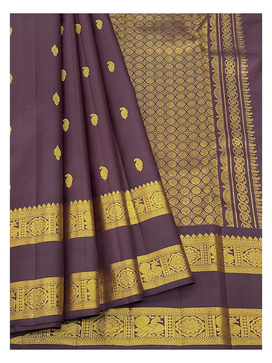 Handwoven Kanchipuram Silk Saree - Deep Plum with Gold-Toned Buttas, Peacock Border and Lattice Pallu