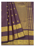 Handwoven Kanchipuram Silk Saree - Deep Plum with Gold-Toned Buttas, Peacock Border and Lattice Pallu