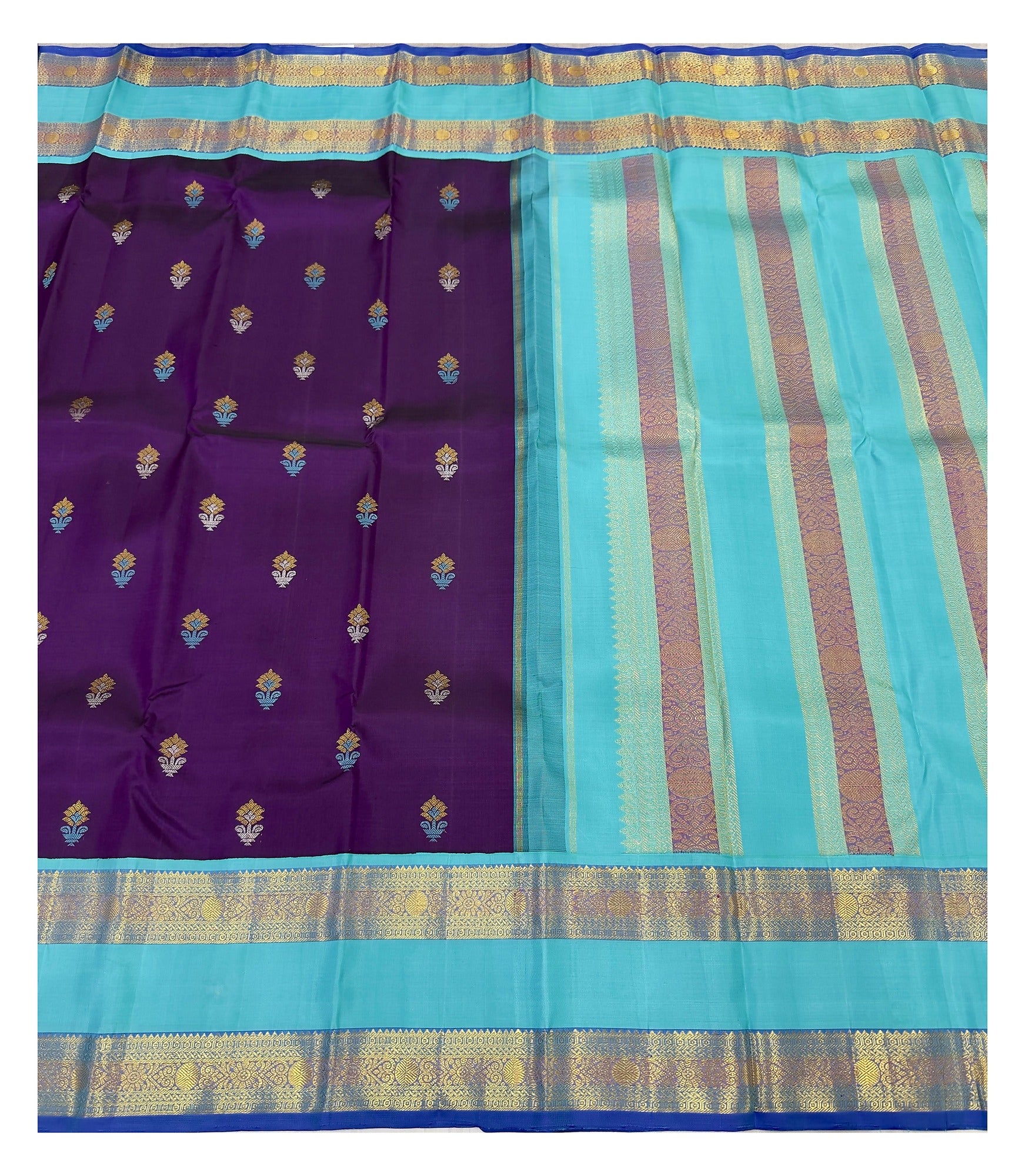 Handwoven Kanchipuram Silk Saree - Deep Purple with Aqua Blue Pallu