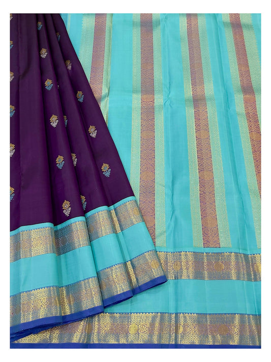 Handwoven Kanchipuram Silk Saree - Deep Purple with Aqua Blue Pallu