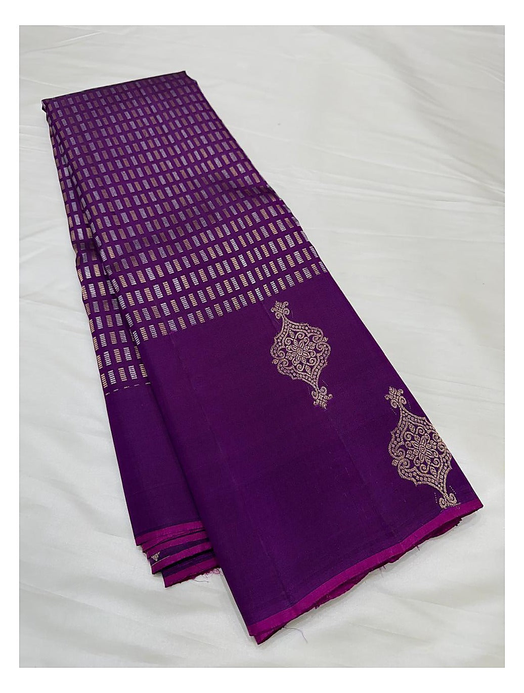 Handwoven Kanchipuram Silk Saree - Deep Purple with Geometric Weave and Gold-Toned Motifs