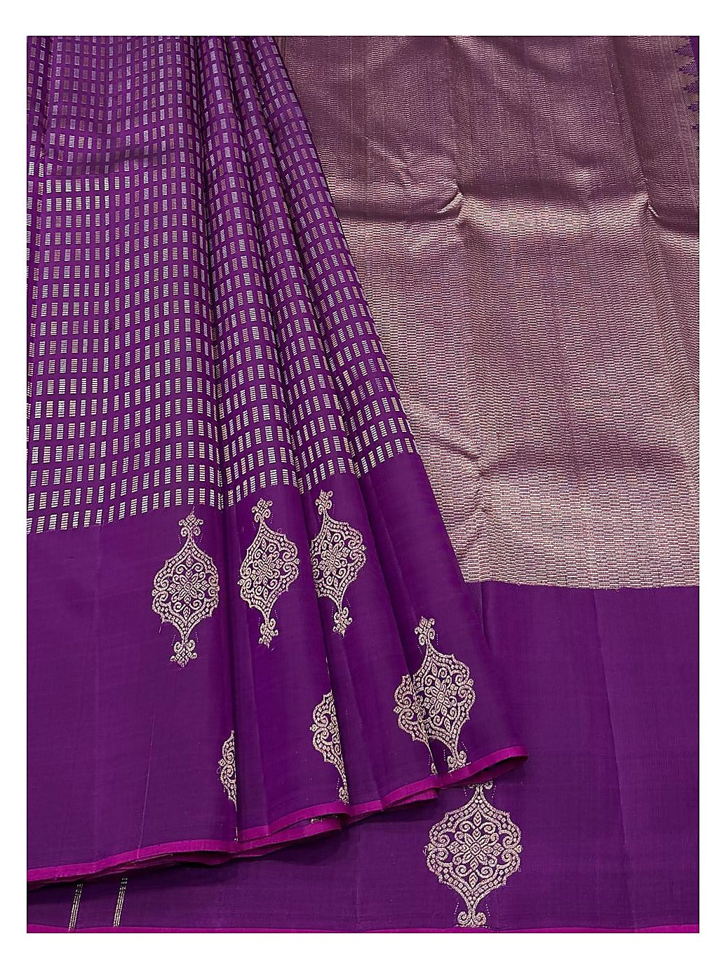 Handwoven Kanchipuram Silk Saree - Deep Purple with Geometric Weave and Gold-Toned Motifs