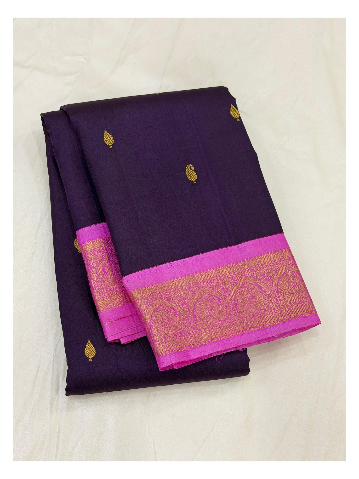 Handwoven Kanchipuram Silk Saree - Deep Purple with Pink Border front view