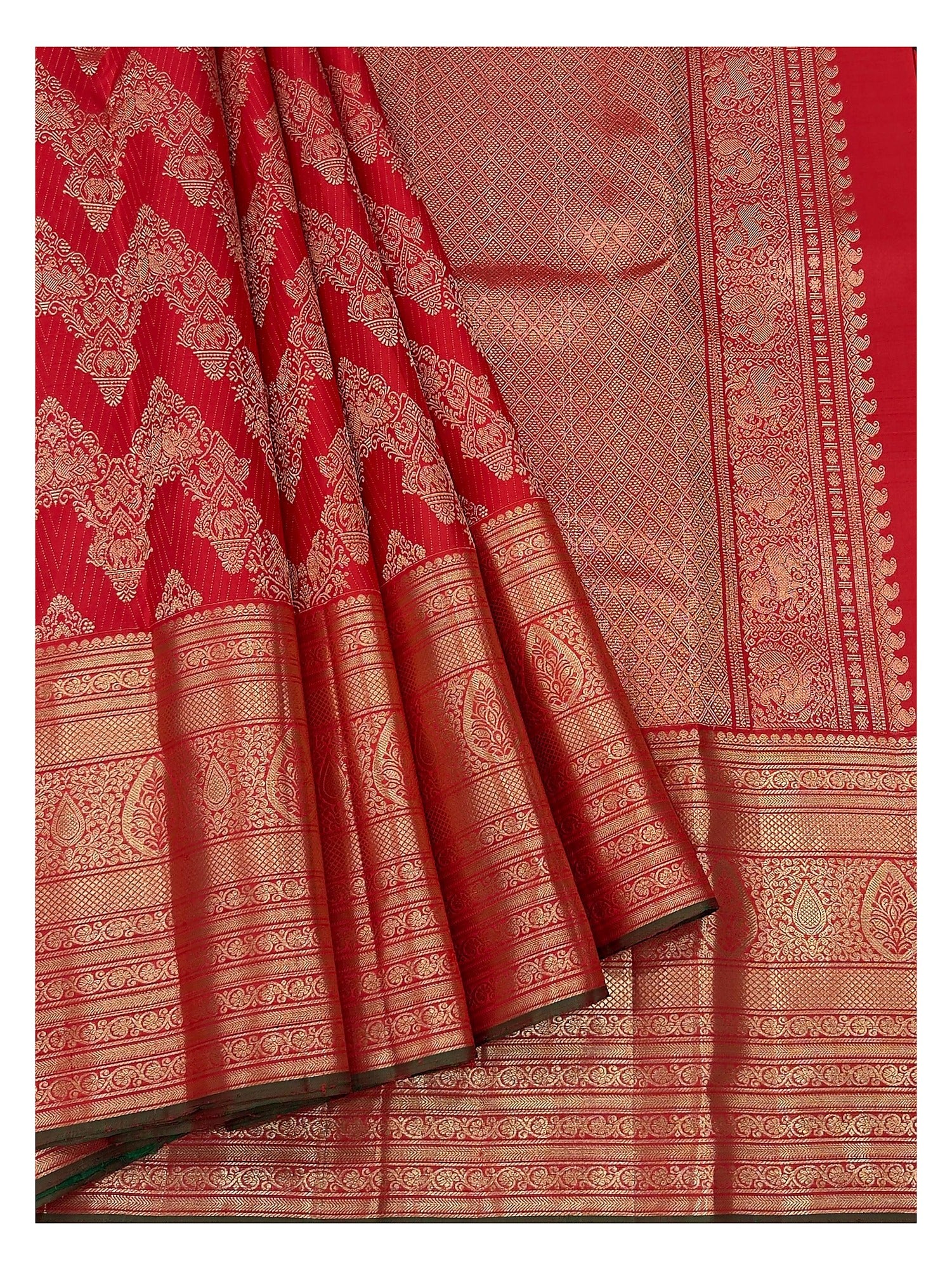 Handwoven Kanchipuram Silk Saree - Deep Red with Broad Gold Woven Border