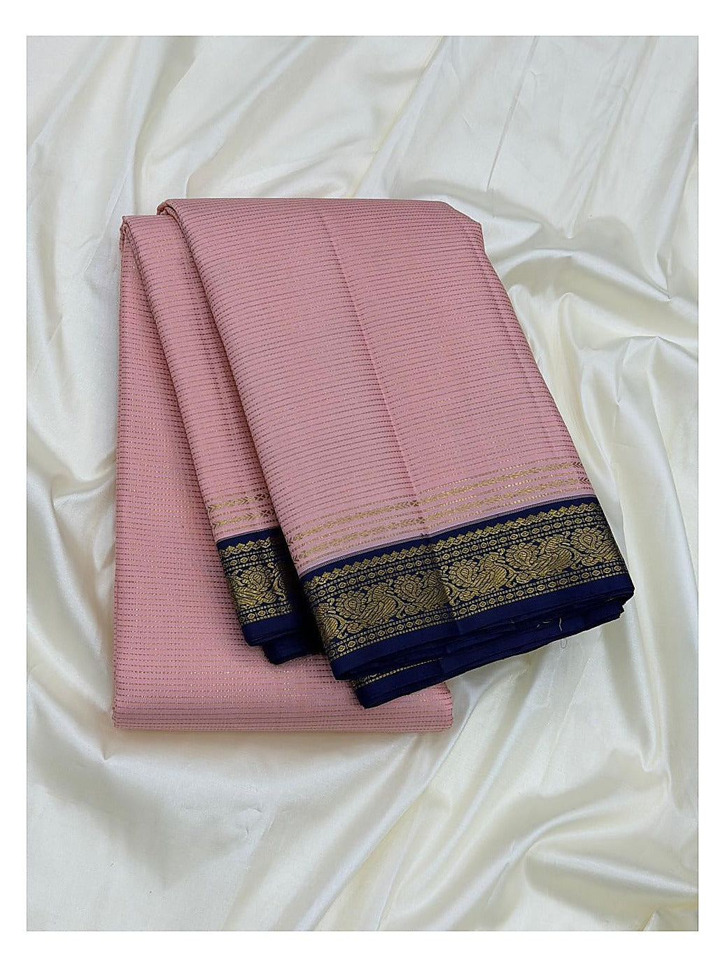 Handwoven Kanchipuram Silk Saree - Dusty Pink with Navy Blue Zari Border front view