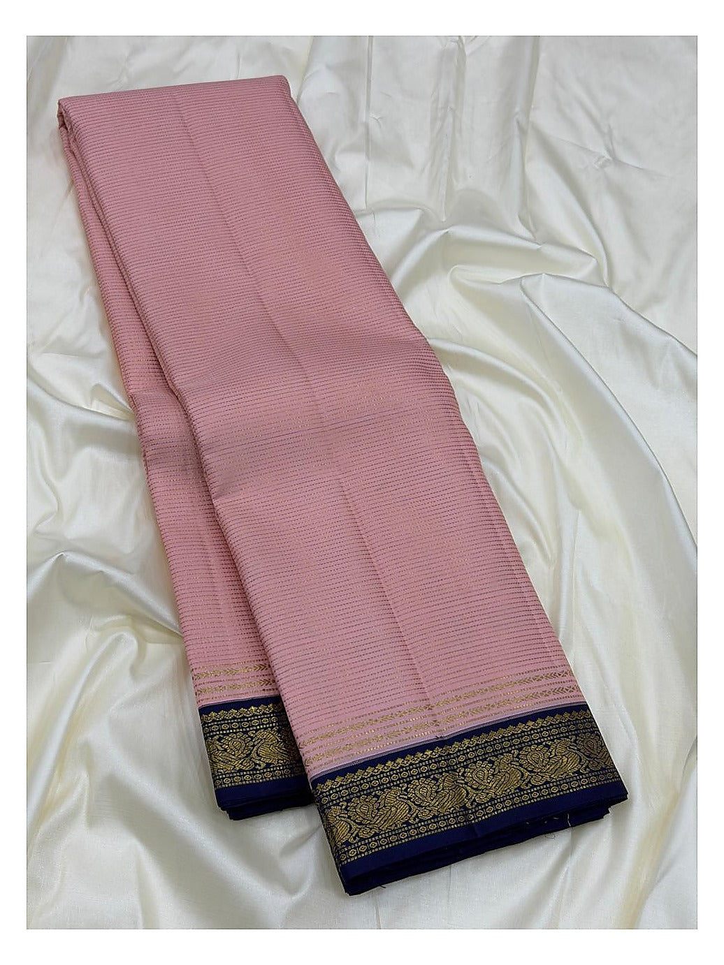 Handwoven Kanchipuram Silk Saree - Dusty Pink with Navy Blue Zari Border