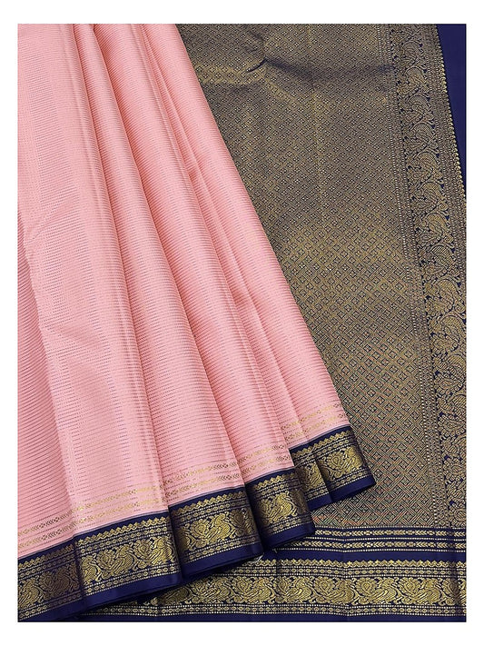 Handwoven Kanchipuram Silk Saree - Dusty Pink with Navy Blue Zari Border