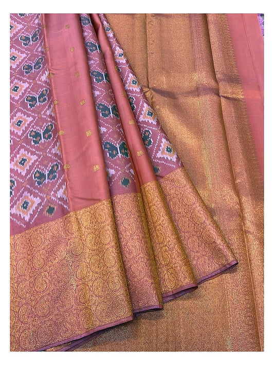 Handwoven Kanchipuram Silk Saree - Dusty Rose with Ikat Pallu front view