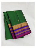Handwoven Kanchipuram Silk Saree - Emerald Green with Gold Buttas and Magenta Striped Pallu front view